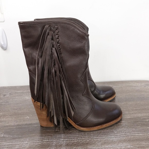 New! Frye Corinne Fringe Baby Calf Boots Womens Size 6 Brown Mid-Calf Western - Picture 5 of 11